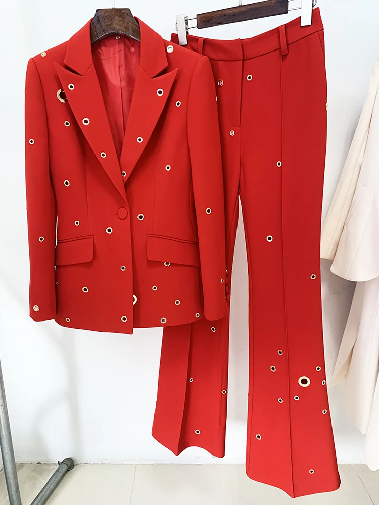 Blazer e calças com rebite slim fit para senhoras, botão único, rua alta, desenhador de passarela, moda, FW, 2022
