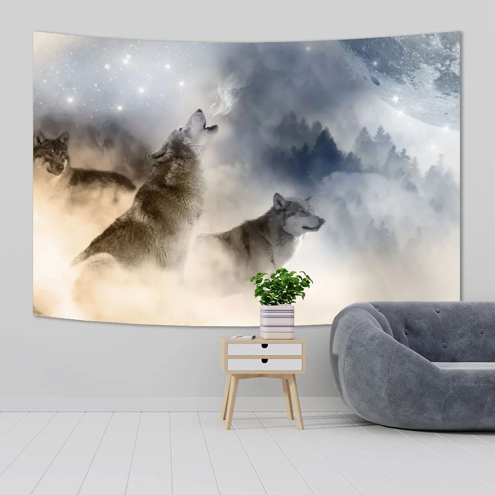 QdDeco Snowy Mountain Wolf Tapestries Wall Hanging Holy Animals Pattern Printed Background Cloth Bedroom Living Room Decor