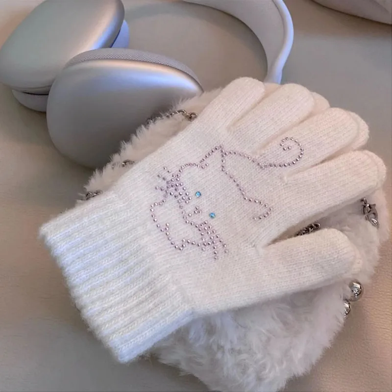 Cute Cat Rhinestone Knitted Split Finger Gloves Plush Rabbit Fur Winter Warm Mittens Kawaii Lolita Gloves JK Accessories