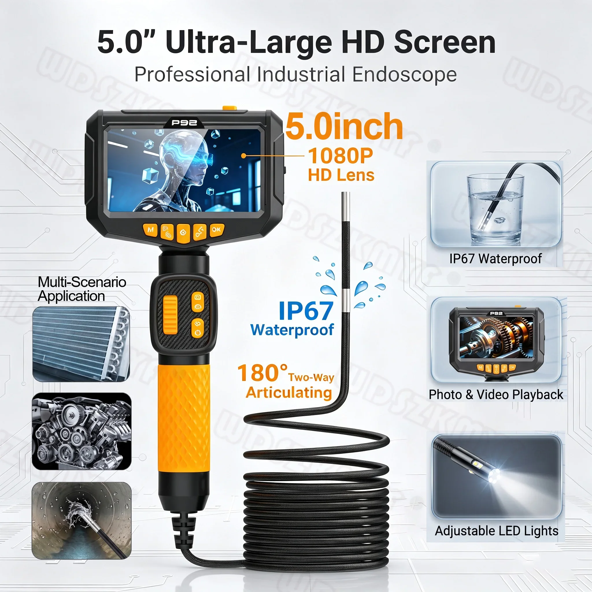 360 Articulating Borescope Camera 6.0MM Single  Lens HD 1080P 5-inch screen Car Inspection IP67 Waterproof Sewer Camera With LED