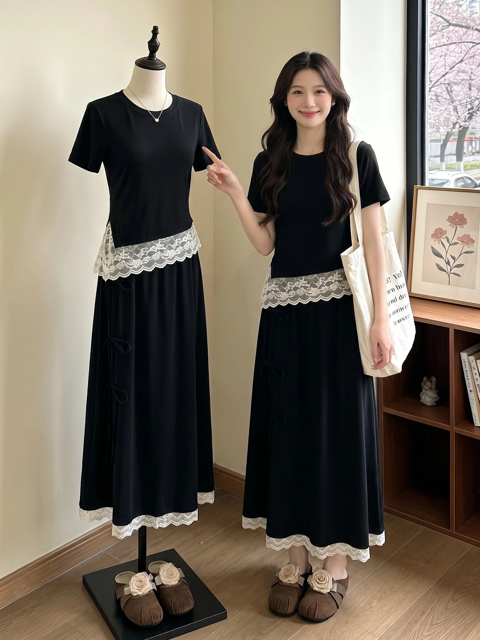 

plus Size Women's Summer Fashion Set High Waist Long Dress Black Lace Trim Two Piece Suit Slimming Effect Business Casual