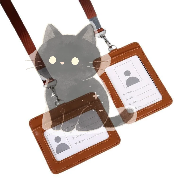 Waterproof PU Leather ID Badge Holder with Neck Lanyard Wear Resistant Name Tag Card Sleeve for Office Workers Students