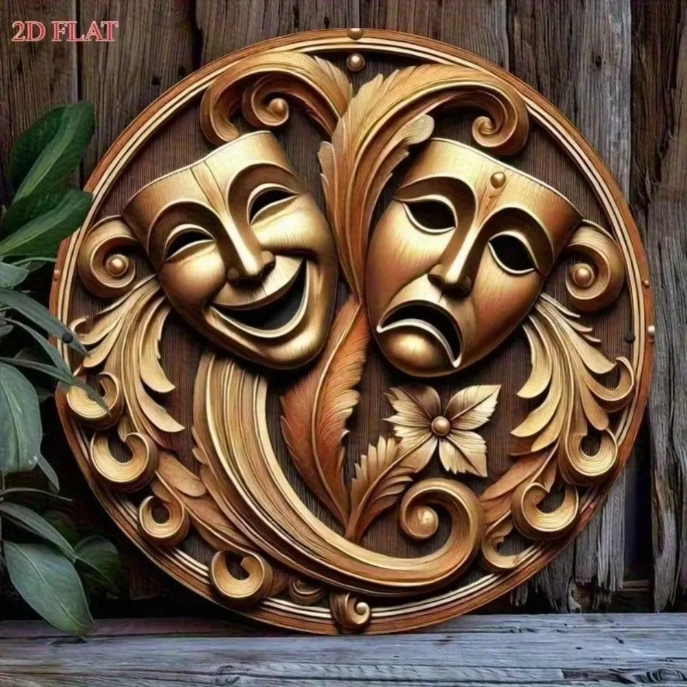 CIFBUY Theatre Masks Comedy Tragedy Round Metal Sign Carving Style 2D Flat Printing Aluminum Plaque Home Decor Gift
