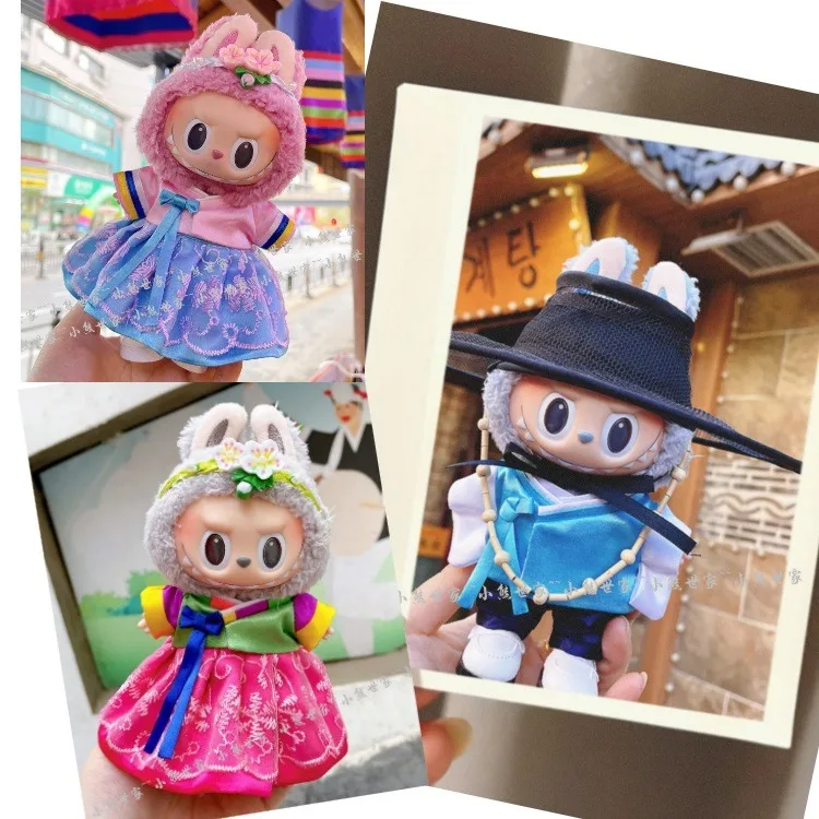 Labubu-ropa para muñeca Hanbok de 17cm, fiesta sentada, macarrón Labubu, ropa coreana para mujer, falda coreana, accesorios para diadema