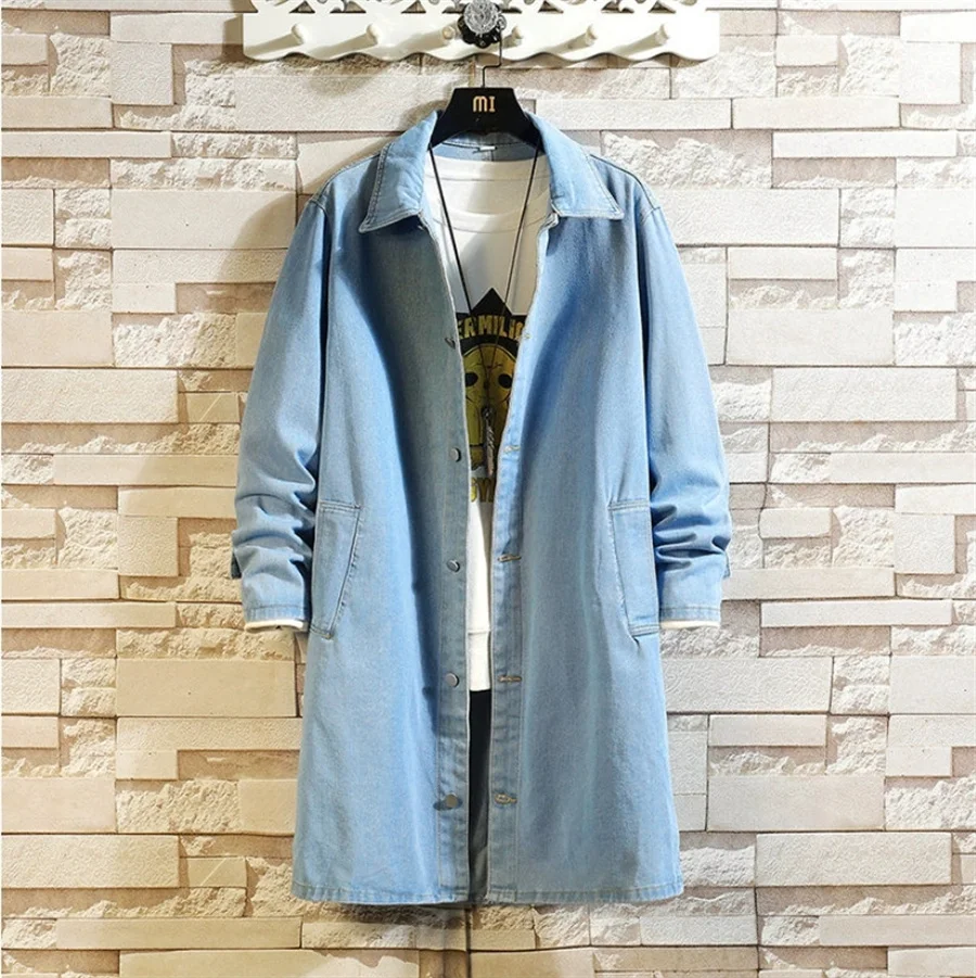 

2026 New Men's Spring Autumn Mid-length Jean Jacket Fashion Windbreaker Loose Denim Trench Coats Men Clothes Large Size 5XL