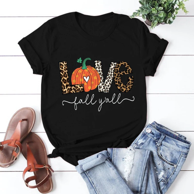 Love Fall Y'All Shirt Leopard Print Fall Tshirt Thanksgiving Hello Pumpkin Top Fall Vibes Peace Thanksgiving Family Clothes L