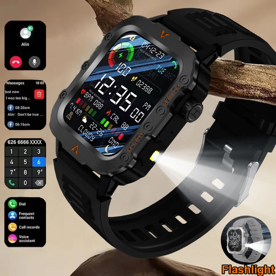 

Новые военные умные часы для мужчин, светодиодный фонарик, компас, IP68, водонепроницаемые, 1,71 дюйма, спортивный трекер на открытом воздухе, Bluetooth, умные часы с вызовом