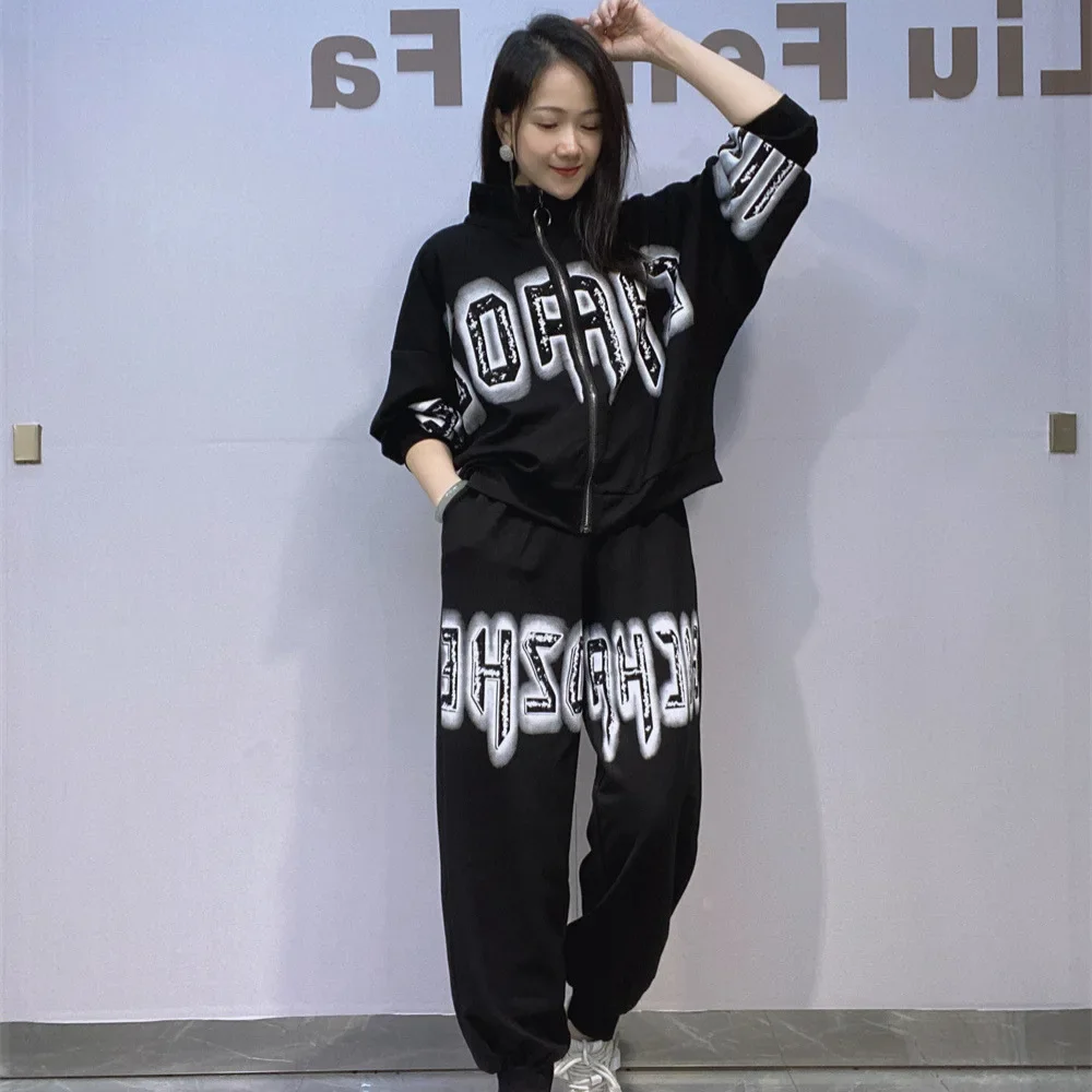

2025 Autumn Two Piece Sets Womens Outfits Fashion Letter Diamonds Casual Loose Stand Collar Zipper Cardigan Ladies Tracksuit