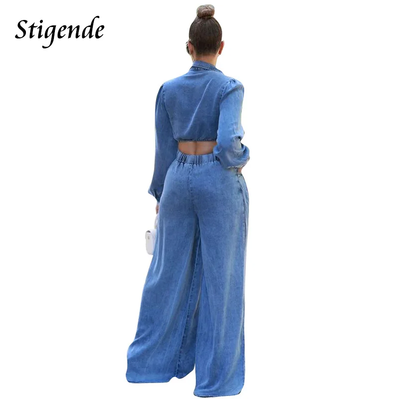 Stigende Loose Fit Denim 2 Piece Pants Set Women Long Sleeve Crop Top and Wide Leg Jeans