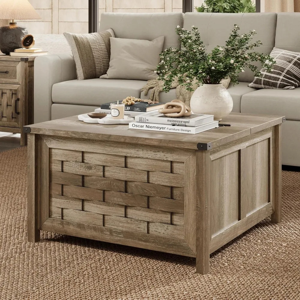 

Farmhouse Coffee Table, 31.5" Square Center Table with Large Hidden Storage, Rustic Cocktail Table with Hinged Lift Top for Liv