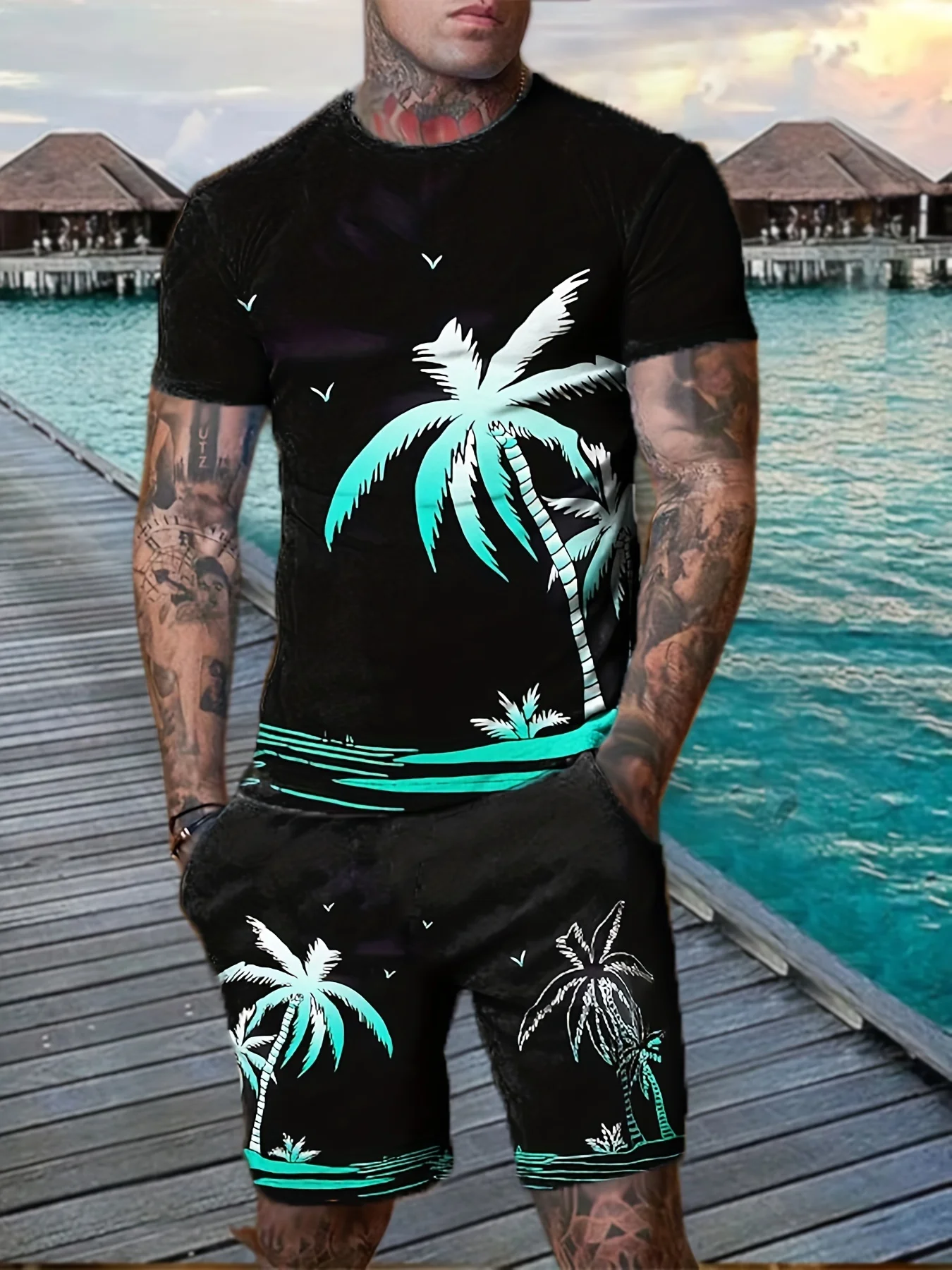 Coconut Tree Men's Summer Set Two Casual Fashion Color Sense Coconut Tree Print Short Sleeve Shorts Set