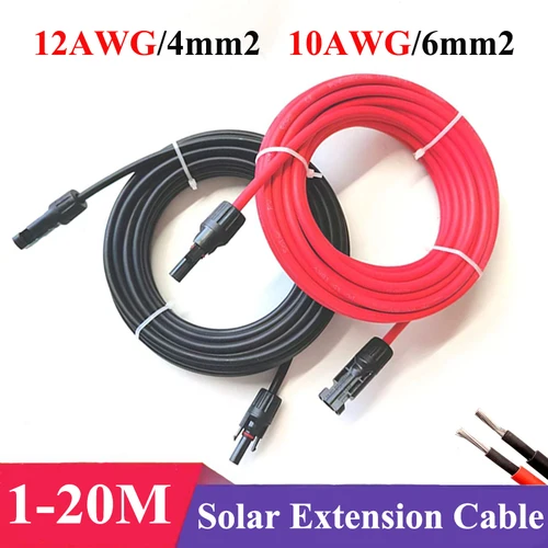 Cable de extensión solar CC de 3,2 pies, 65,6 pies, 4/6 mm2, negro/rojo, cable solar de 12/10AWG con conector fotovoltaico utilizado en el sistema de paneles solares de 1m-20M
