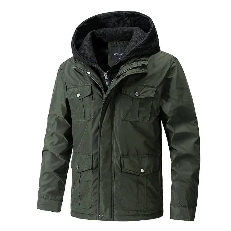 Autumn Winter Men Jackets Coats Thick Warm Full Sleeve Casual Pockets JacketVintage Coat Hooded Zipper Splice Two Piece Jacket