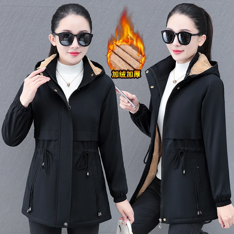 

Thick Fleece-lined Trench Coats Mid-length Velvet Windbreaker Winter New Women's Parkas Hooded Commute Cotton Padded Jackets Top