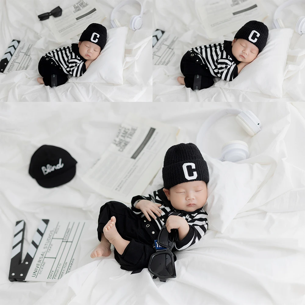 ミニマリスト新生児写真撮影衣装ベビーストライプロンパース-ニット帽子セットポーズ枕小道具カジュアルファッションスタイルシーン写真用