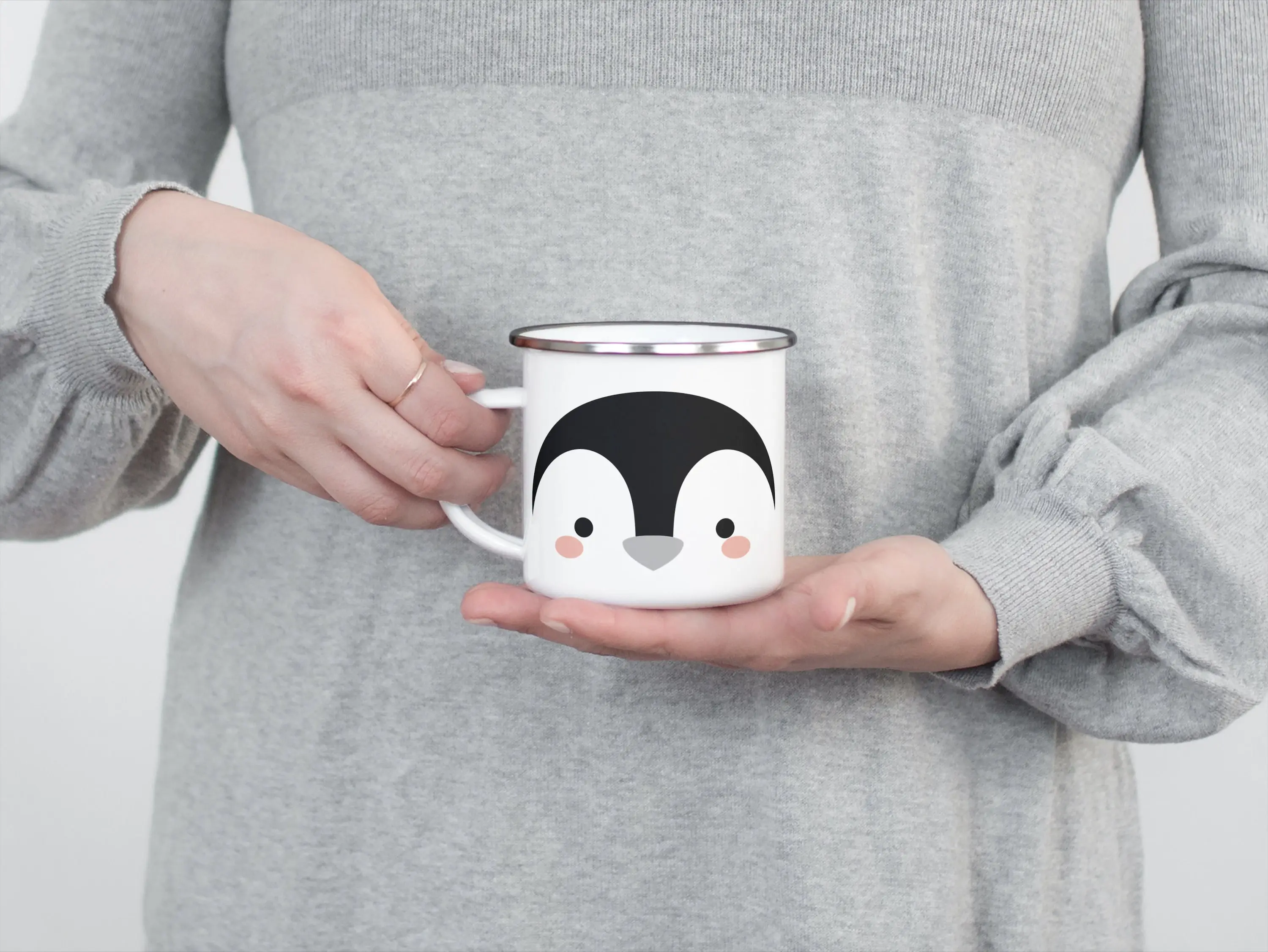 بطباعة البطريق ، كوب من المينا البيضاء ، كوب 11oz حيوان المينا القدح هدية عيد ميلاد الأطفال كوب الحليب