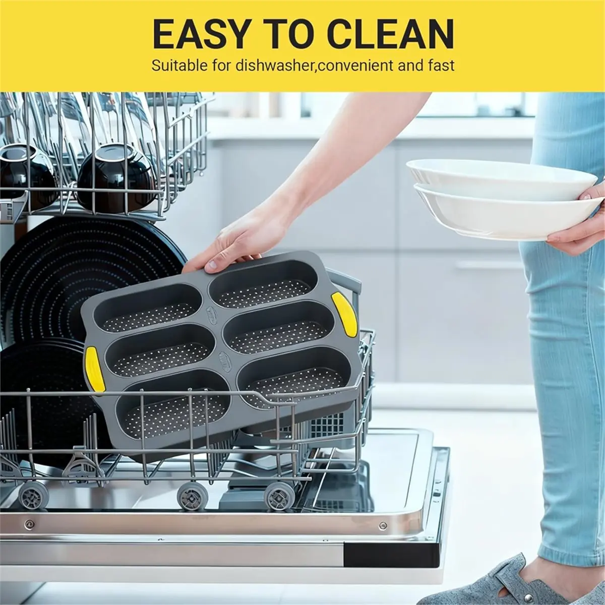 6-Cavity Silicone Bread Pan, Non-Stick French Bread & Hot Dog Bun Mold, Foldable Loaf Pan Baking Tool