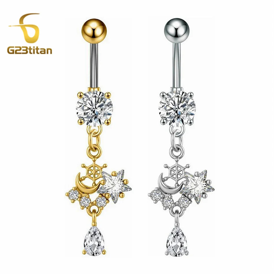 Anillo de ombligo de Luna y estrella de circón colgante largo de Color dorado y plateado 14G G23 barra de cuerpo de titanio Piercing joyería para niños y niñas ombligo
