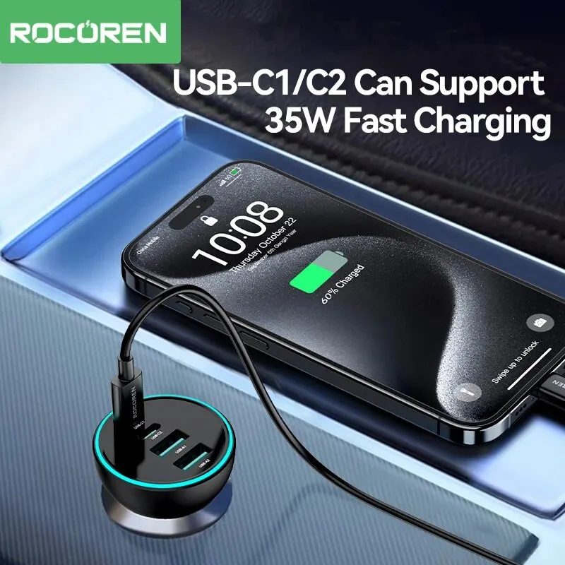 Rocoren 70w auto ladegerät 4 in 1 qc 4,0 pd 3,0 usb typ c pd schnell ladegerät auto schnell ladegerät adapter für iphone 15 pro max samsung