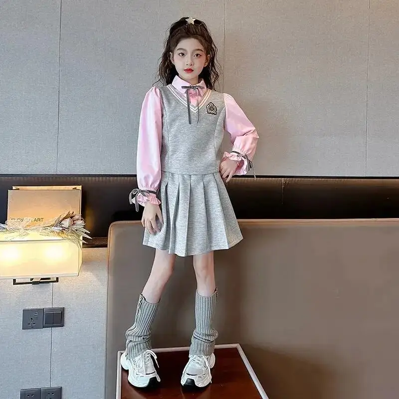 

Kawaii Girl Fashion Shirt Skirt Set Student Autumn Casual Cartoon Vest Tops Pleated Skirt Three-Piece Set Children's Clothing