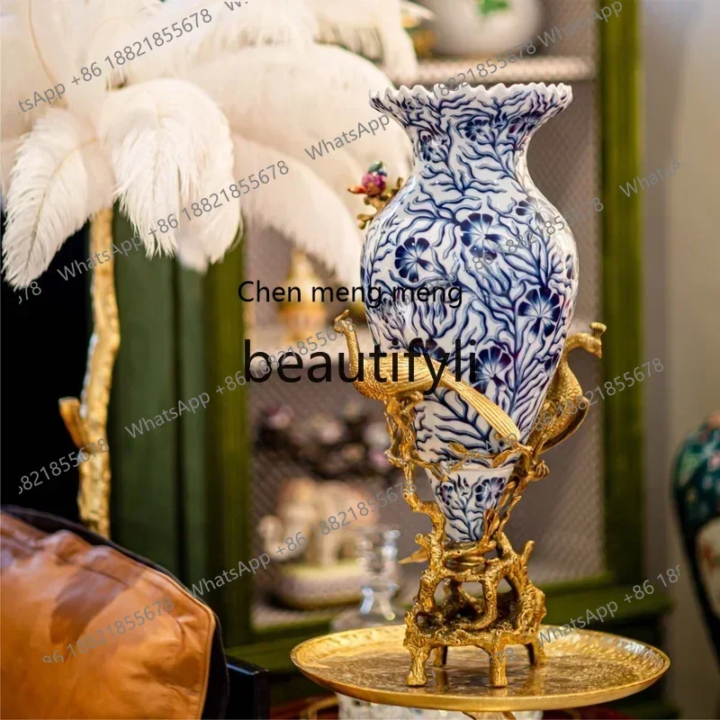 

AA85 New Copper and Ceramic Vintage Soft Decoration Blue and White Porcelain Vase Stand Living Room Entrance Ornament