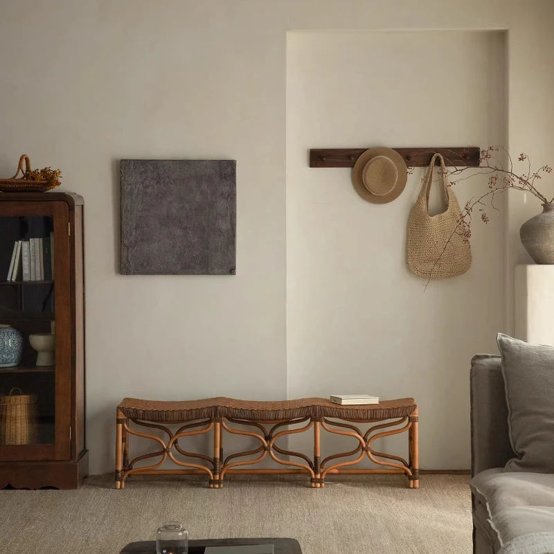 

Rattan Wave Stool\ Wabi Sa Natural Wind Handwoven Shoe Changing Stool Hotel Homestay Long Stool Bedside Stool