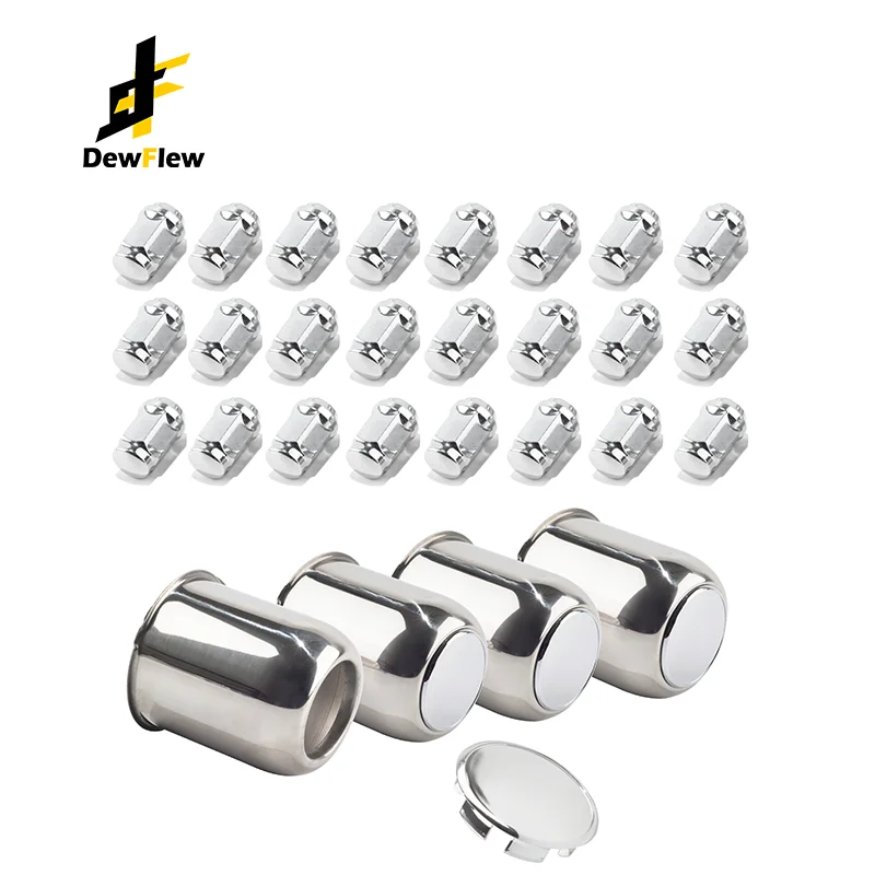 DewFlew 12 or 24PCS 1/2-20 Lug Nuts + 2 or 4Pcs Stainless Push Through Hub Center Caps For Trailers Trucks SUVs RV Wheel Rims