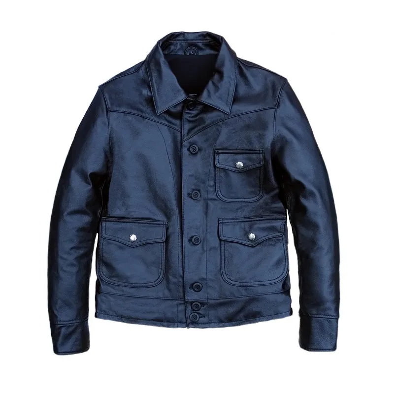 

Pure first-layer cowhide leather jacket men's lapel slim-fit single-breasted three-pocket leather jacket locomotive jacket