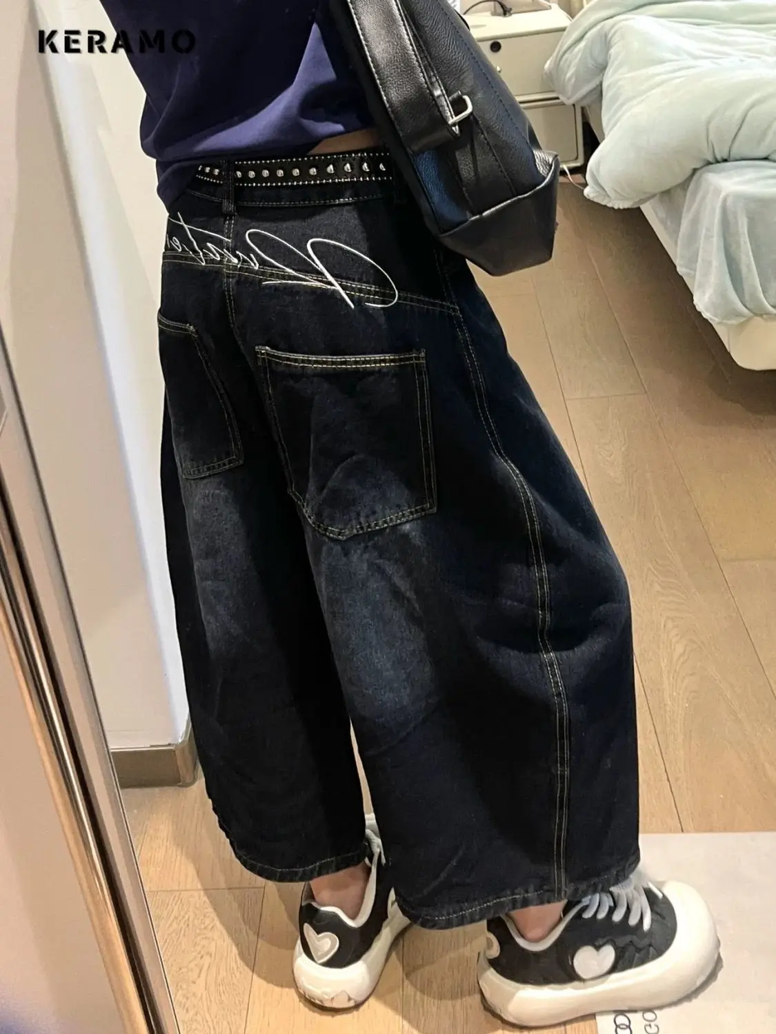 

American Retro Grunge Street Oversized Jeans Women Casual Baggy Y2K Ankle Length Pants 2000S Wide Leg Black Denim Trouser