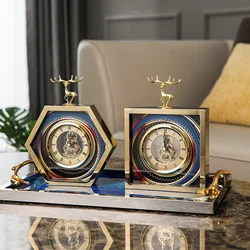 Elk Table Clock for Home Decoration, Vintage Metal Clocks, Christmas and Birthday Gifts, Luxury Golden Artwork, New Arrival
