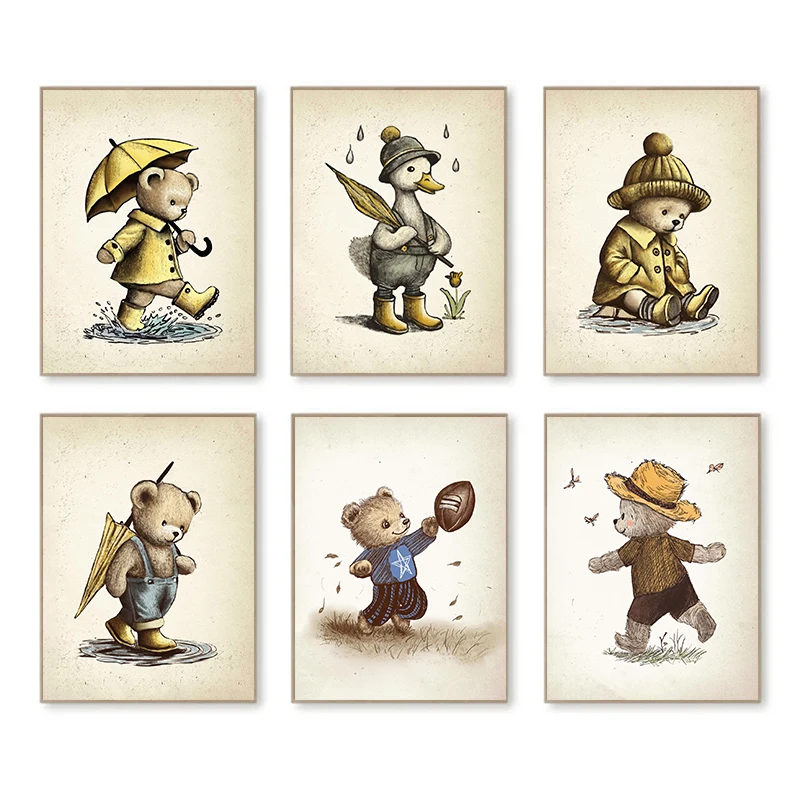 Vintage Teddy Bear Duck Animal Posters and Prints Canvas Printing Wall Art Picture for Kindergartens Living Room Home  Gift