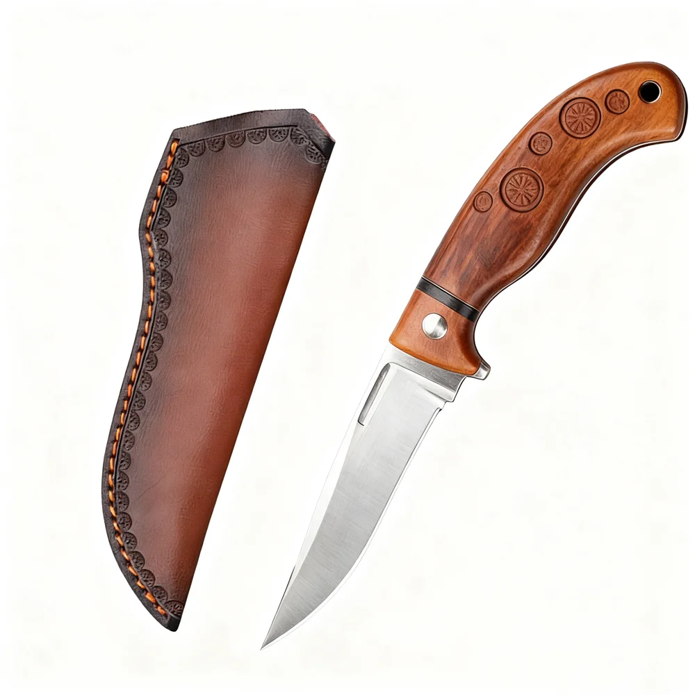 22cm Fixed Blade Knife Scabbard Embossed Cowhide Second Layer Leather Camping Knife Case Hunting Holsters with Belt Buckle