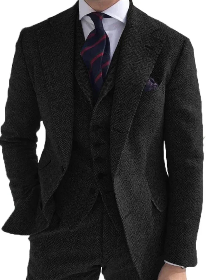 3 Pieces Men‘s Suits Green Wool Tweed Herringbone Business Retro Classic PatternTuxedos For Wedding Blazer Pants Vest