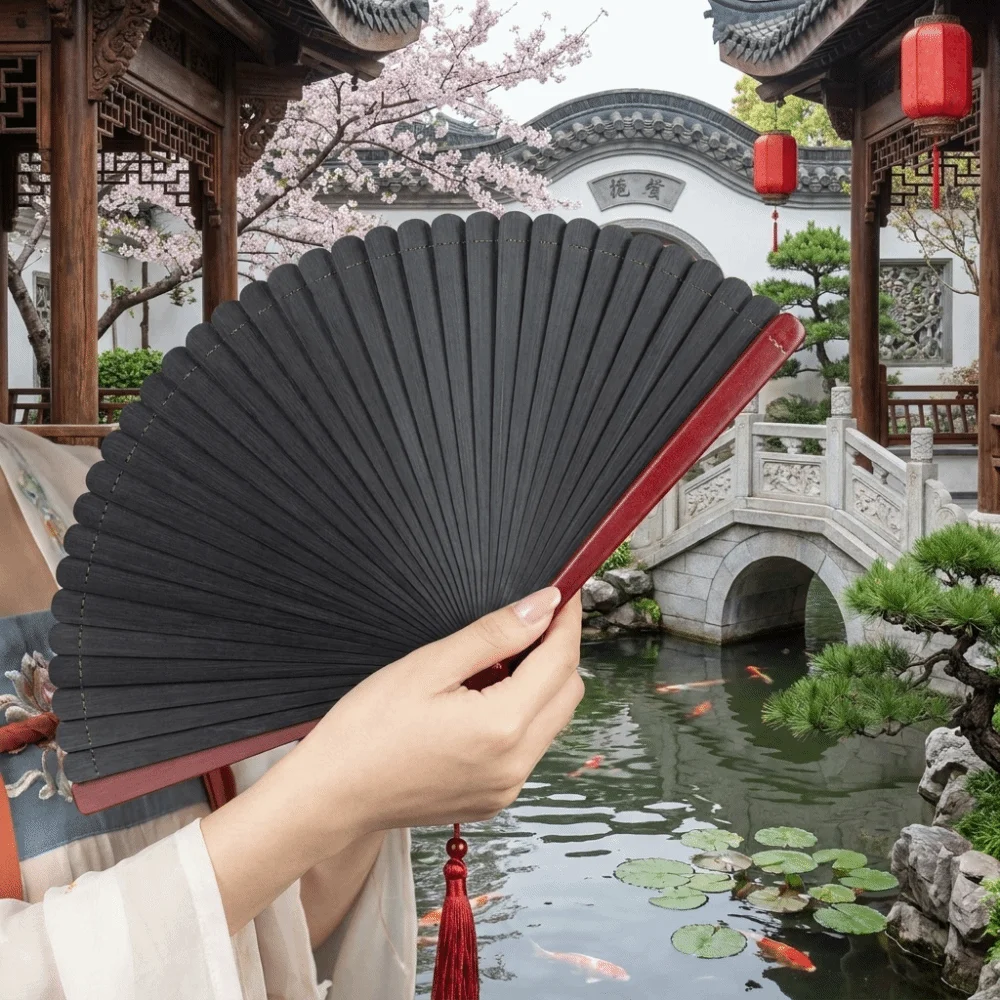Decorative Retro Bamboo Folding Fan Portable with Tassel Chinese Style Fan Classical Minimalist Hand Cranked Fan Party