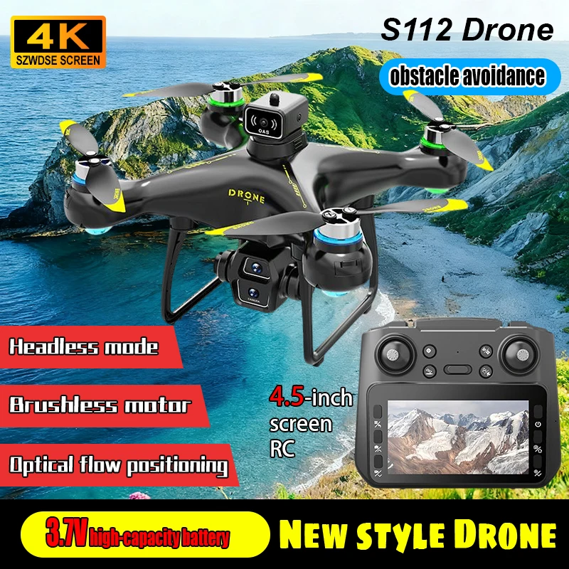 

Новинка 2023 года, дрон S112, 4K, профессиональный WIFI HD, двойная камера для фотосъемки, бесщеточный уход за препятствиями, большой экран, радиоуправляемый квадрокоптер, игрушки