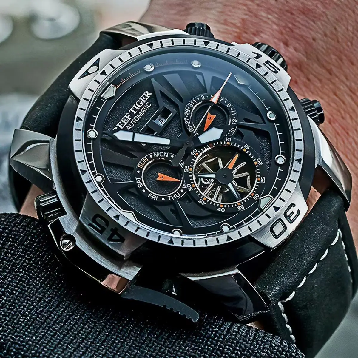 Reef Tiger Men Automatic Watch 46mm Mechanical Wristwatch Luminous Sapphire Mirror Luminous Multi Dial Year Month Week Date