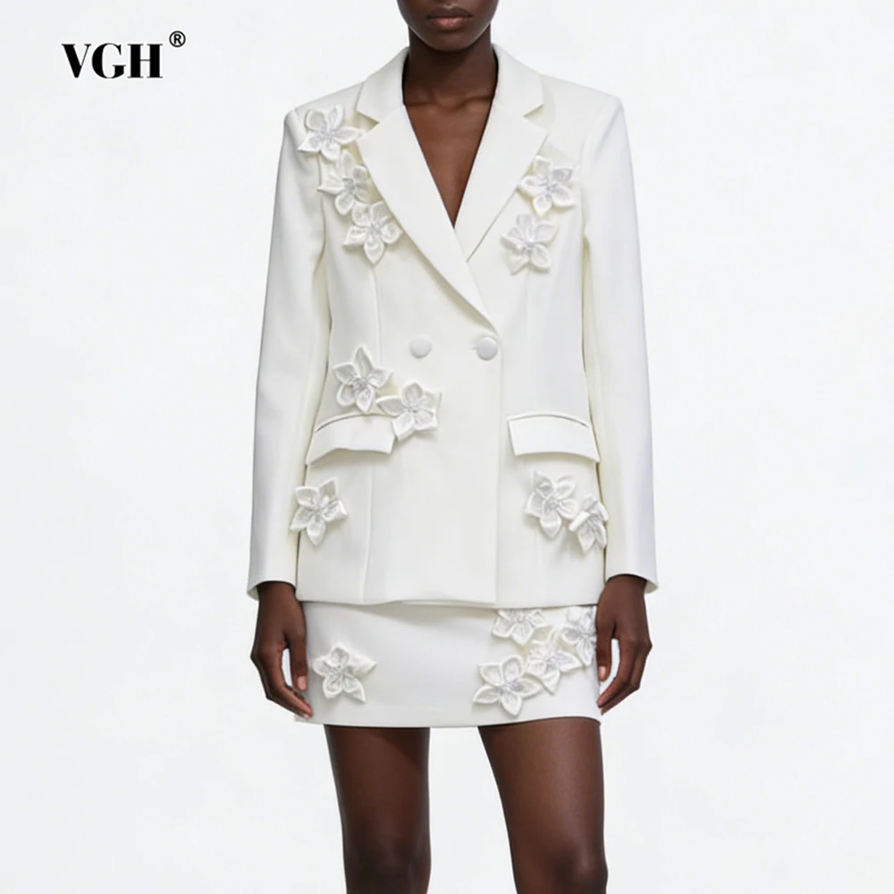 

VGH Elegant Spliced Appliques Solid Two Piece Sets For Women Lapel Long Sleeve Top High Waist Skirt Casual Set Female Fashion