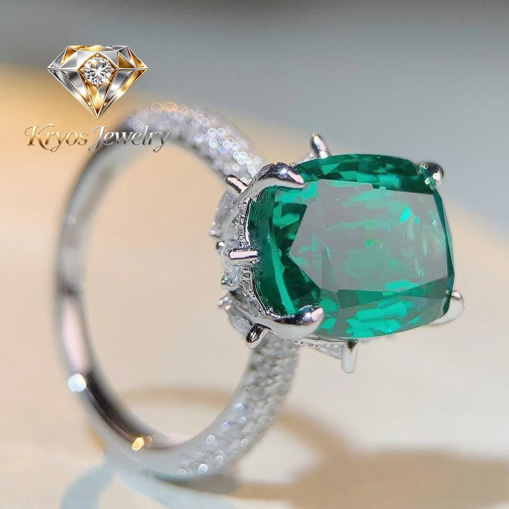 Kryos Jewelry Luxury Solid Platinum PT950 Women's Emerald Ring Full Diamond Moissanite Ring