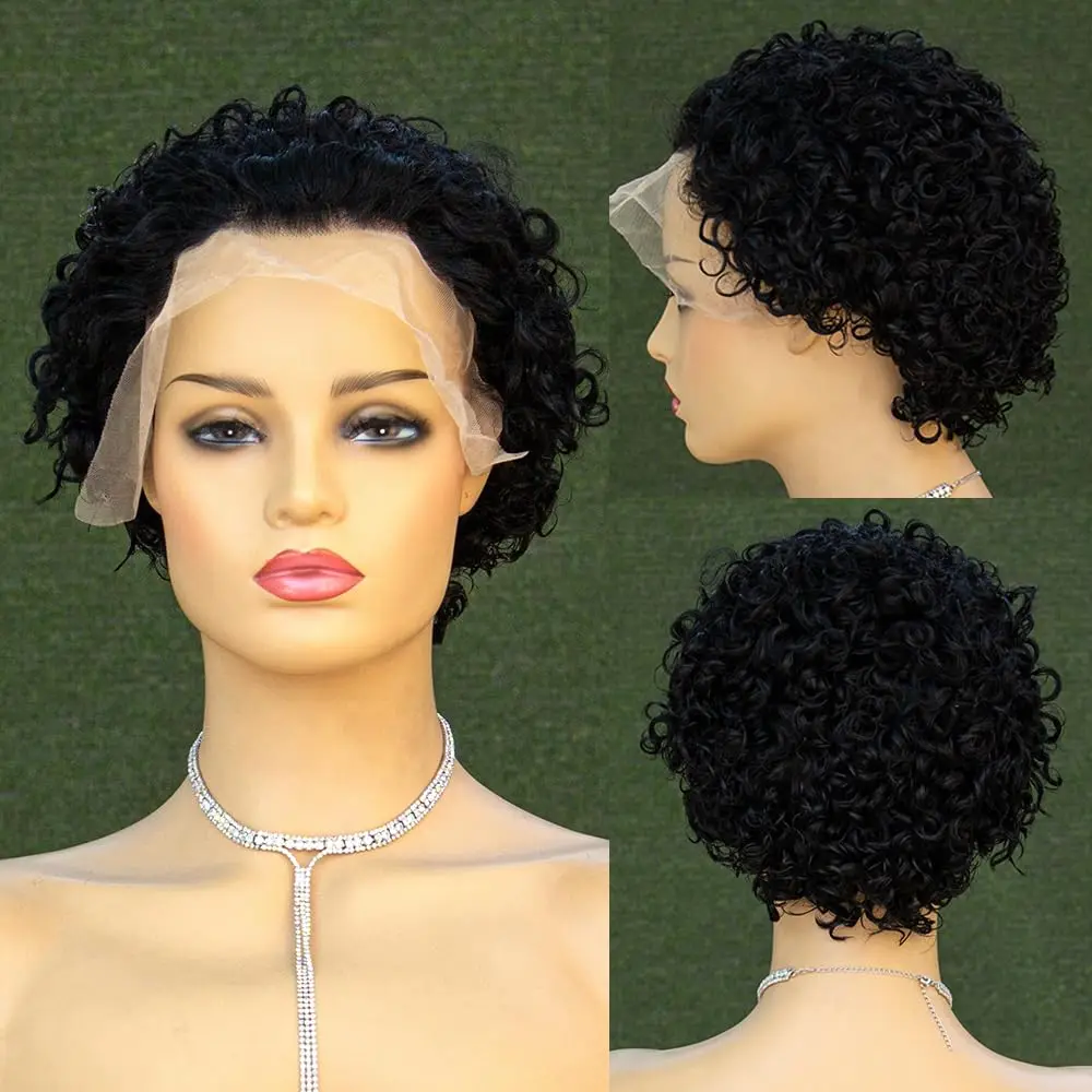 

Short Deep Curly Pixie Cut Wig Lace Front Human Hair Wigs 13X4 Lace Closure Wig Pre Plucked Brazilian Hair Wigs Natural Black
