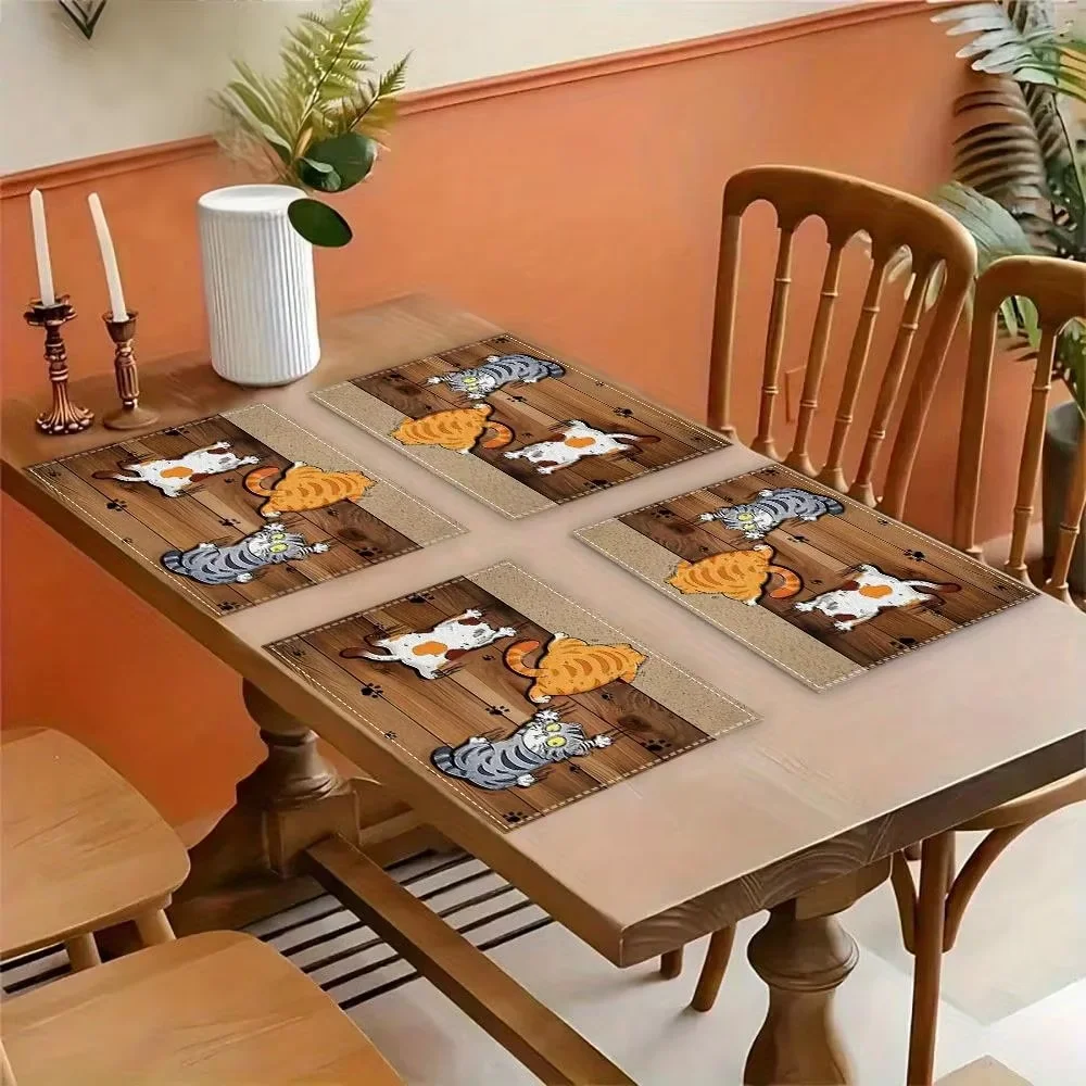 مفارش فيكاما 4/6/8/10 قطع أمريكية عتيقة بثلاث قطط: سجادات طعام/مطبخ مقاومة للماء وكوسترات قهوة لطيفة للمنزل #4