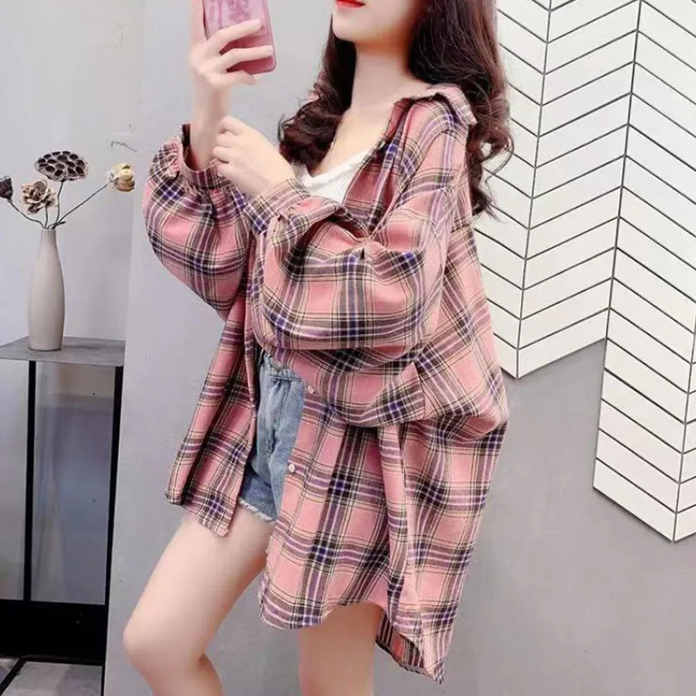 Checkered Coat Brushed Shirt Jacket Casual Fashion Color-blocking Pattern Daily Wear Checkered Brushed Shirt For Women