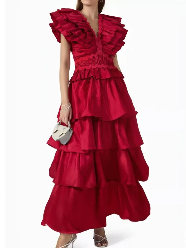 

Новое летнее женское платье Heavy Industry 2025 года с v-образным вырезом и рюшами, летящими рукавами, высокой талией и длинной праздничной юбкой-торт