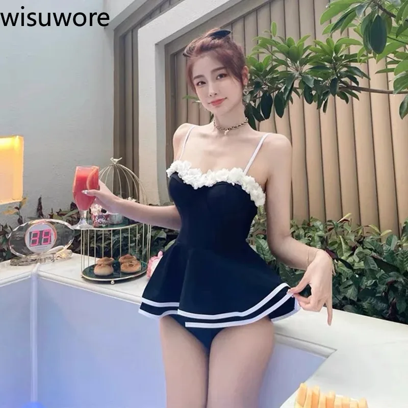 Wisuwore One Piece Swimsuit Women Lace-up Solid Dress Sexy Floral Bathing Suit Holiday Party Beachwear Swimsuit Ladies 2023