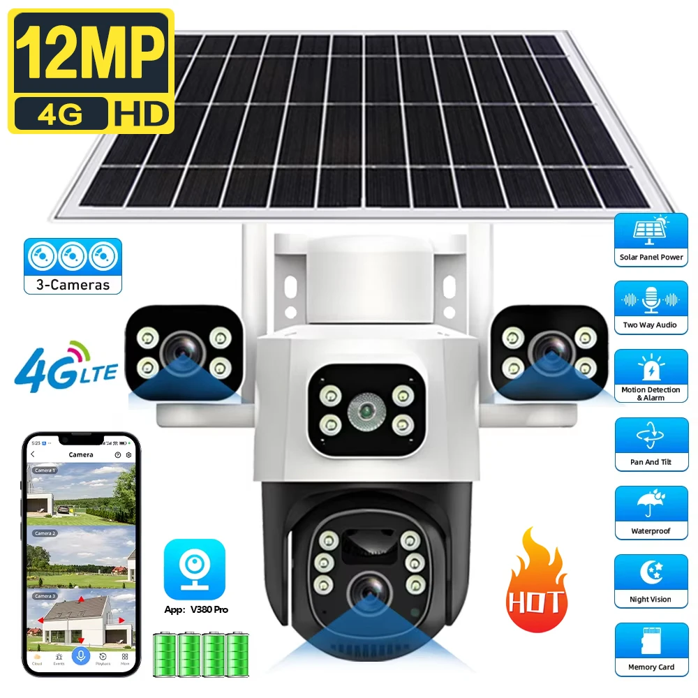 V380 Pro 3 عدسة IP كاميرا تعمل بالطاقة الشمسية 15MP 4G بطاقة SIM في الهواء الطلق مقاوم للماء CCTV اتجاهين كاميرا الصوت PIR كشف تتبع كاميرا IP #1