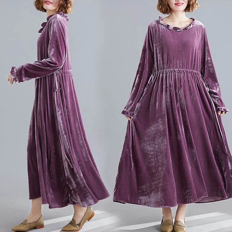 

Чистый цвет, золотой бархат, длинный све, с завязками на талии, трапециевидной формы Dr, круглый Ne, с воланами, большие размеры, женские комплекты для поездок на работу, платье