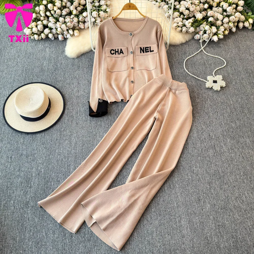 TXii Fashion suit Women\'s Winter New Round Neck Knitted Long-sleeved Top High Waist Slimming Wide-leg Pants Casual Two-piece Set