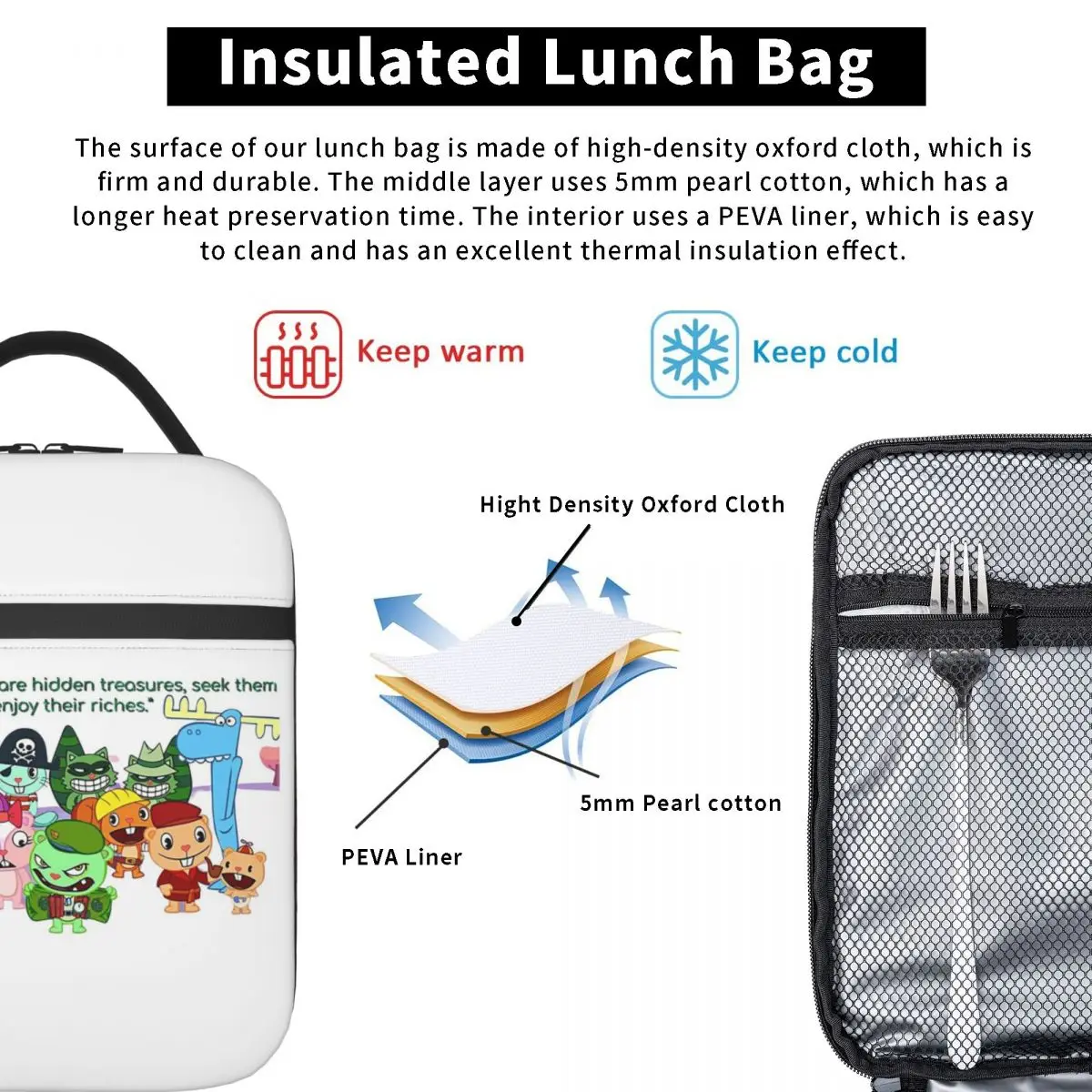 Happy Tree Friends Family Insulated Lunch Bag for Women Kids Portable Food Boxes Thermal Lunch Box Tote