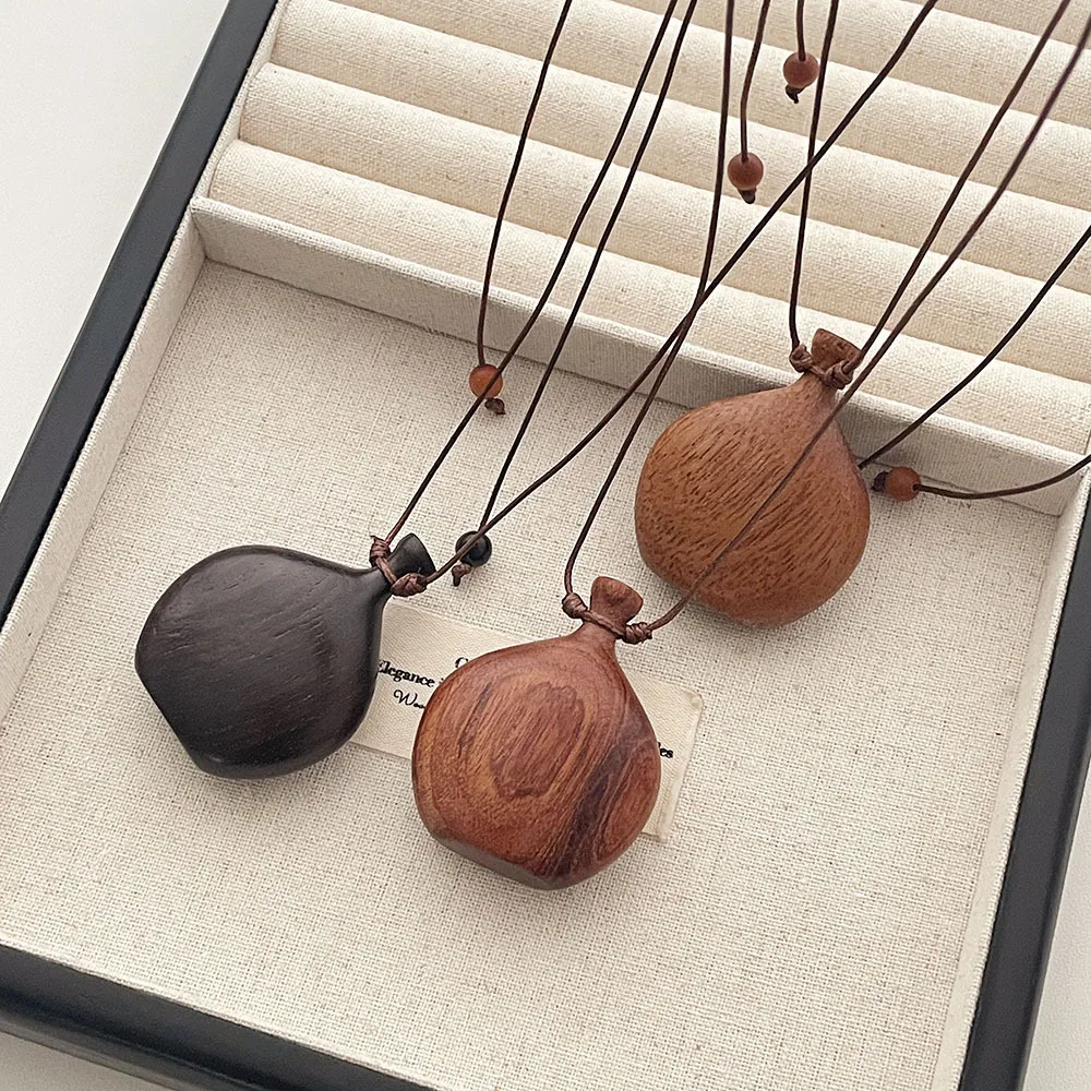 Funny Wooden Flask Pendant Necklace Adjustable Leather Cord Long Layering Chain Sweater Jewelry Gift for Her