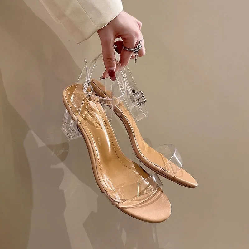 Transparent PVC High Heeled Sanda For Women Buckle Beach Shoes Ladies Casual Shoes 35-42 Large-Sized Female Comfortable Feetwear