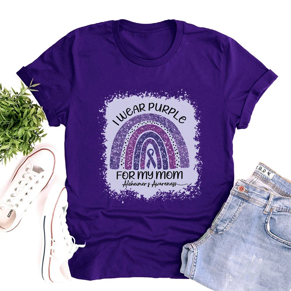 

I Wear Purple for My Mom Alzheimer's Auareness Print Женская рубашка Фиолетовые футболки с радужной лентой Повседневная футболка с короткими рукавами Одежда